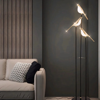Modern Bird LED Floor Lamp With 3 Light Heads and Gold Accents